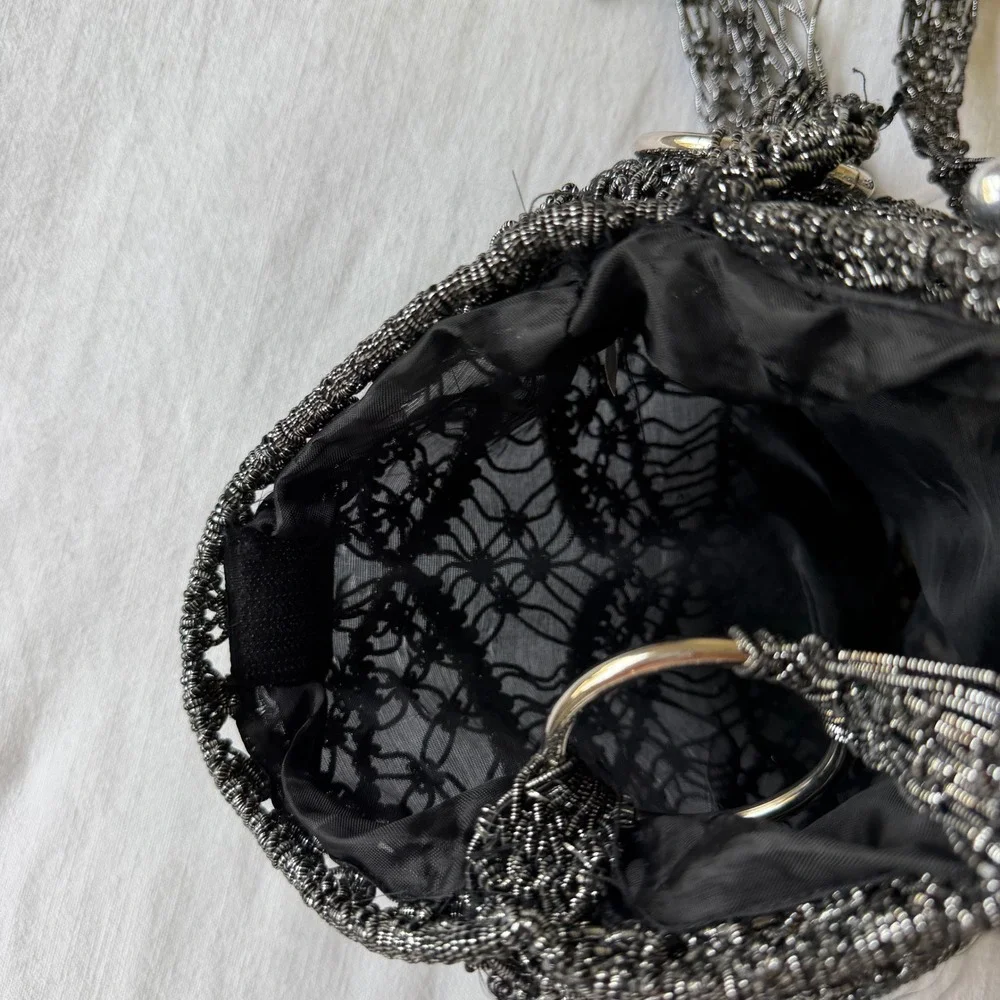 Y2K Gunmetal Metallic Crochet Mesh Crossbody Bag Fringe‎ Tassels Broken Ring